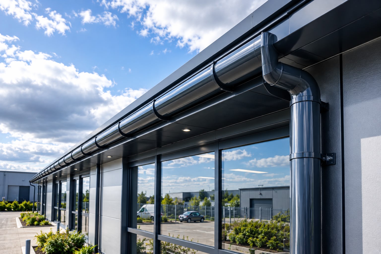 Professional guttering and rainwater drainage installed on a commercial property